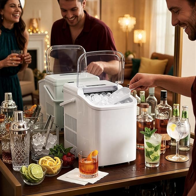Ice Maker, Portable Ice Makers Countertop with Handle, Basket & Scoop, 26Lbs/24Hrs, 9 Bullet Ice Cubes in 6 Mins, 2 Ice Sizes, Self-Cleaning, Quiet Compact Ice Machine for Home Kitchen Party, White