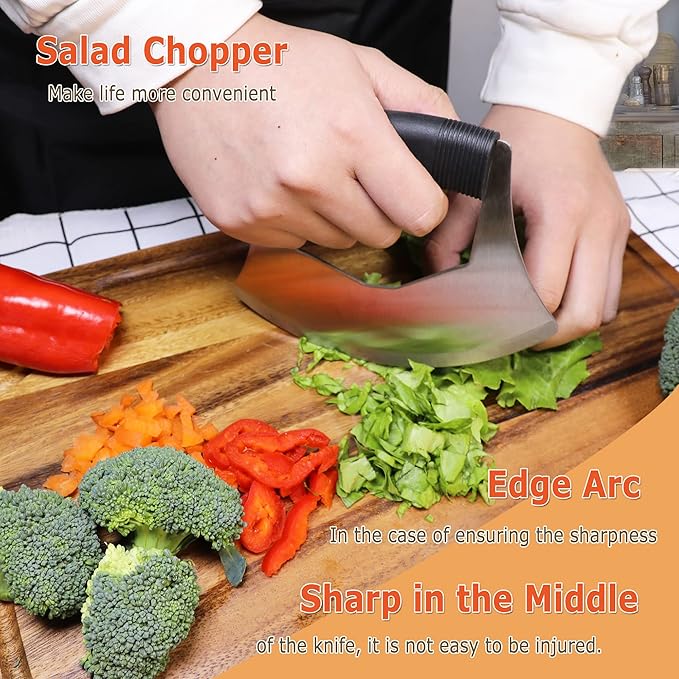 XoYoZo Salad Chopper Mezzaluna Knife with Protective Cover and Anti-Slip Handle - Stainless Steel Vegetable Cutter, Onion Chopper, Pizza Cutter