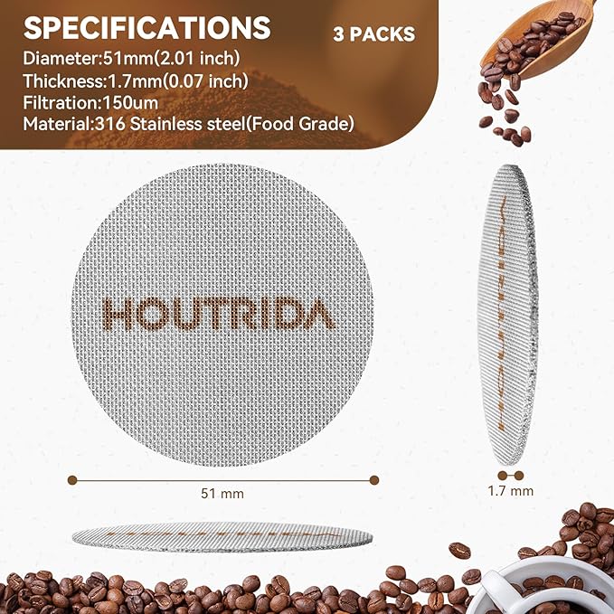 51mm Puck Screen 3 Pack, Reusable Espresso Screen 316 Stainless Steel, 1.7mm Thickness Portafilter Screen, 150μm Mesh for Espresso 51mm Portafilter Filter Basket