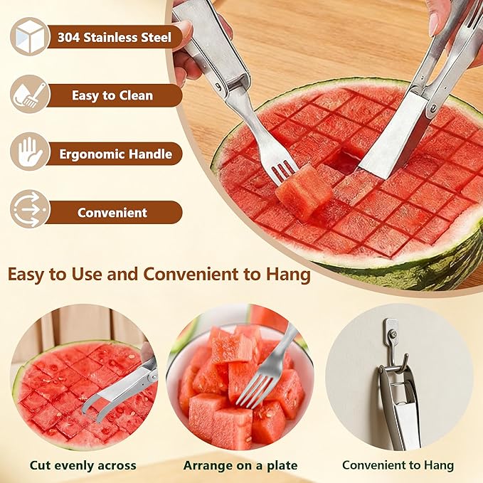 Watermelon Cutter, 2-in-1 Stainless Steel Fruit Cutter, Dual Head Watermelon Fork Slicer Tool, Summer Fruit Cutting Kitchen Gadget for Home (Fold-1PCS)