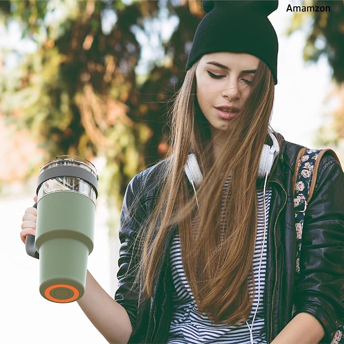 asobu Extra Large Travel Explorer Tumbler for Hot and Cold with Stainless Steel Removable Coffee Mug Sleeve - Straw and Flip Open Sip Spout, 34 oz / 25 oz (Basil Green)