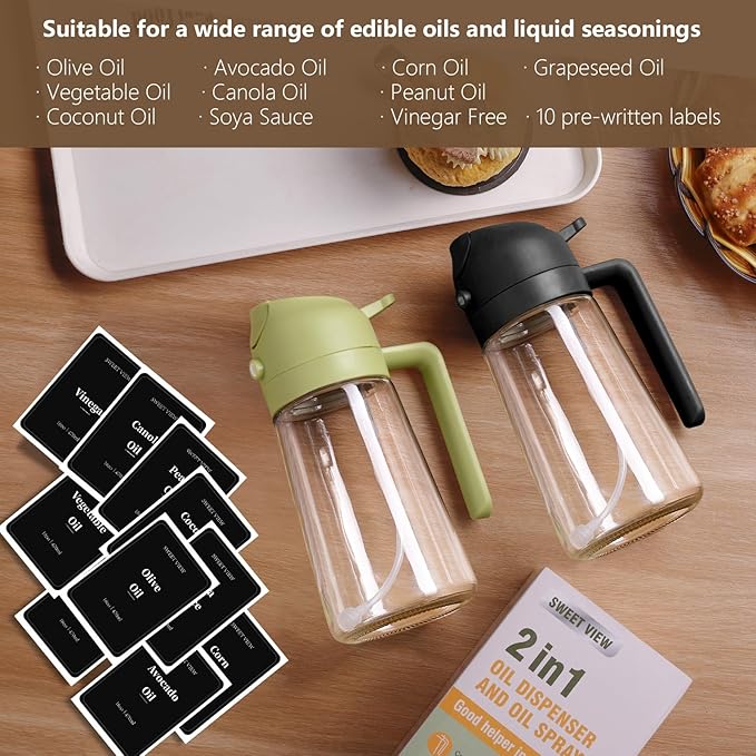 SWEET VIEW 2PCS Olive Oil Sprayer for Cooking, 16oz/470ml Glass Oil Dispenser/Pour Bottle, Kitchen Accessories, Kitchen Gadgets for Air Fryer, Salad, BBQ, with Stickers (Black,Green)
