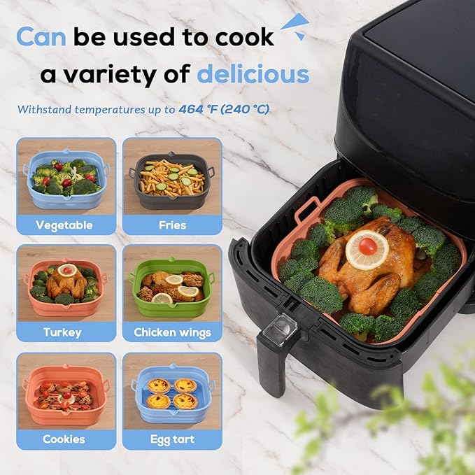 Silicone Air Fryer Liners Square - Reusable Airfryer Collapsible Basket - Easy to Clean Air Fryers Pot for 5.8 to 8 Qt Baking Tray Oven Accessories, 8.5 Inch Large
