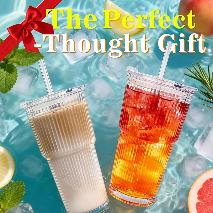 20oz Glass Tumblers with Lids and Straws, Set of 2, Reusable Iced Coffee Cups, Vintage Drinking Glasses, Ribbed Glassware for Whiskey Cocktail Beer, Juice, Style Glasses for Party, Gifts