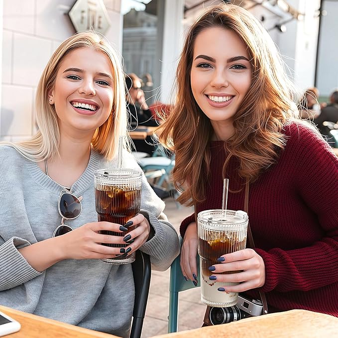 TUZAZO 20 Oz Glass Tumblers with Lids and Straws - 2 Pack Ribbed Glass Iced Coffee Cup with Straw and Lid, Thicken Glasses, Ideal for Smoothieds, Cocktails, and Juices