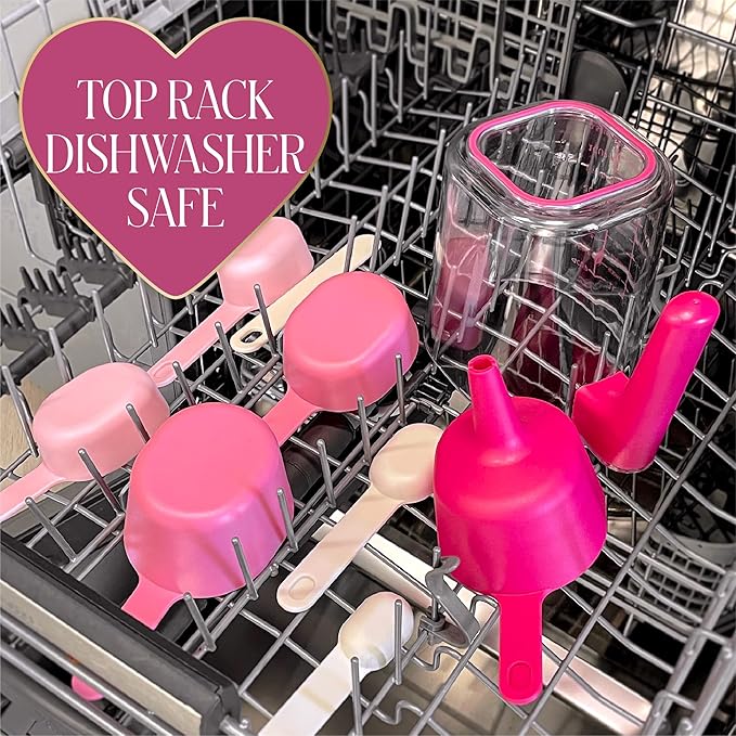 Paris Hilton 9-Piece Measuring Set, Durable Plastic Measuring Cups and Spoons With Funnel and Leveler, Dishwasher Safe, Pink