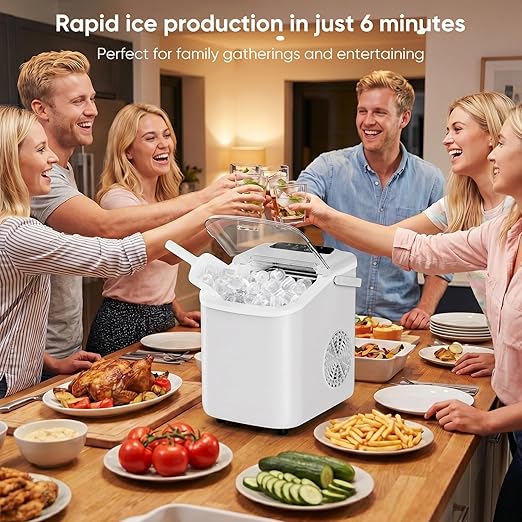 DUMOS Ice Maker, Nugget Ice Machine Countertop with Basket, Scoop and Portable Handle, 26lbs Daily, 9 Bullet Cubes in 6~8 Mins, Self-Cleaning for Kitchen, Office, Outdoos, RV Camping