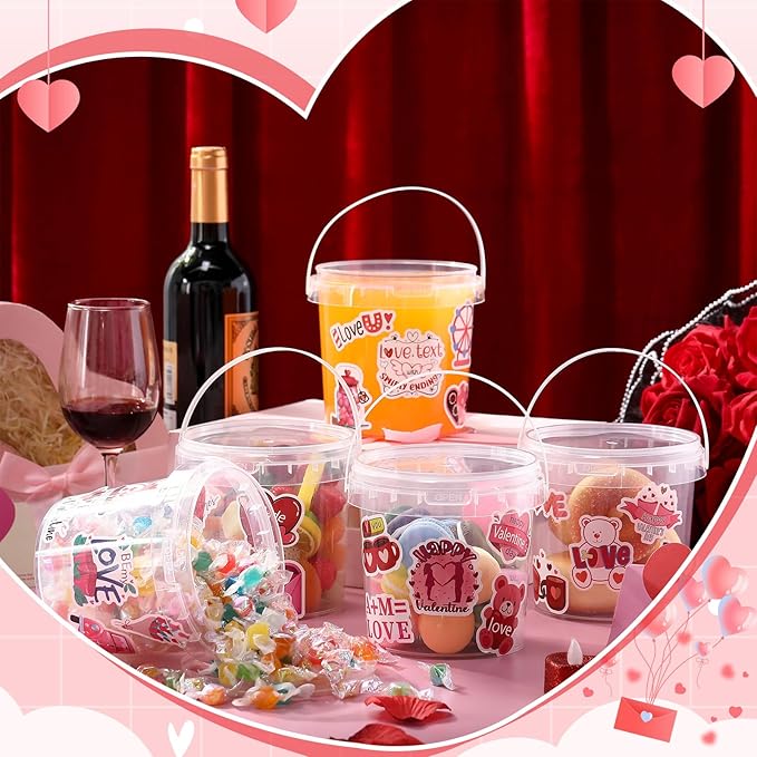 PerKoop 20 Pcs 32 oz Ice Cream Buckets with Lids and Handles Clear Cocktail Rum Buckets with Stickers Plastic Transparent Tub Reusable Food Storage Containers for Parties(Valentines)
