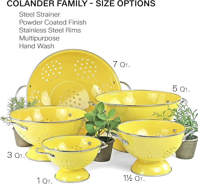 Reston Lloyd, 3 Quart Powder Coated Steel Kitchen Strainer Basket for draining Pasta, Vegetable and Fruit, Chrome Handles and Wide Stable Base, Lemon