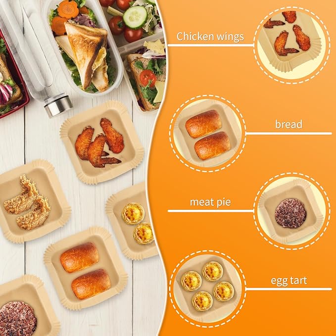 Air Fryer Liners Disposable Square for Ninja AF141 AF142 5Qt/Ninja AF181 AF182 6.5Qt, 100PCs 7.9in Non-stick Oil-proof Parchment Cooking Paper for Gourmia/Cosori/Chefman 5-8Qt Airfryer/Media 11 Quart