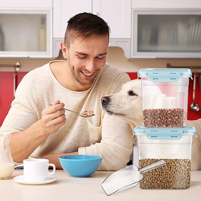 Patelai 6 Pcs Dog and Cat Food Storage Containers with Scoops Set Plastic Pet Food Storage Containers Stackable Airtight Dry for Kitchen 1.27 Qt, 2.4 Qt, 4 Qt(Blue)