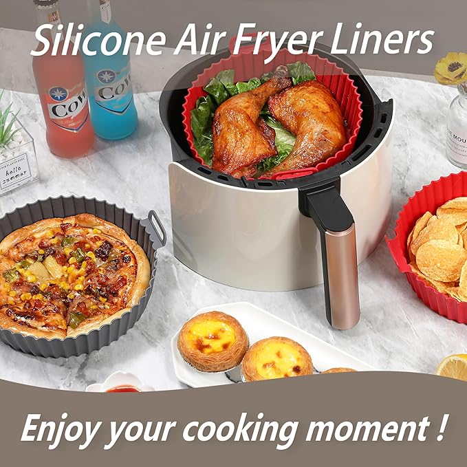 Silicone Liners, Pot 2 Pcs Reusable Non-Stick Air Fryer Basket Bowl Fit 3-5QT Baking Replacement of Flammable Parchment Paper(Round, 6.5 Inch)