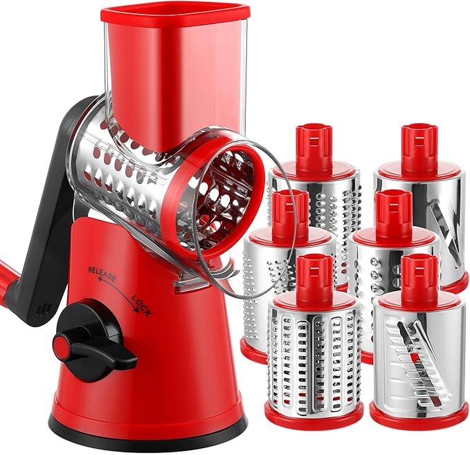 Geedel Rotary Cheese Grater Cheese Shredder - Upgraded 6-in-1 Cheese Grater with Handle and Strong Suction Base, Multi-purpose Vegetable Slicer Ice Shaver Nuts Grinder for Ice, Vegetables, Fruit
