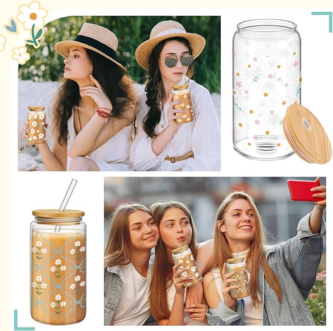 Mumufy 4 Pack Bridesmaid Gift Glass Cups, Cute Flower Mason Jars with Bamboo Lids & Straws, 16oz Iced Coffee Tumblers for Wedding, Bridal Party, Birthday, Mother's Day(Fresh Flower)