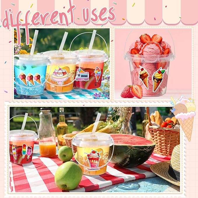 Funnymoom 30 Set Drink Buckets with Lids & Straws 24 oz Clear Plastic Disposable Ice Cream Cups Rum Cocktail Pails Bulk with Handles & Stickers for Summer Holiday Outdoor Beach Pool Party Supplies