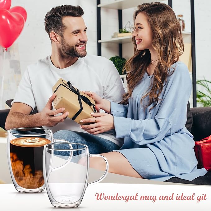 12 oz/350ml Double Walled Glass Coffee Mugs, Glass Coffee Cups Set of 4, Insulated Borosilicate Clear Glasses, Espresso Cappuccino Latte Tea Cups with Handle for Latte, Hot/Cold Drink