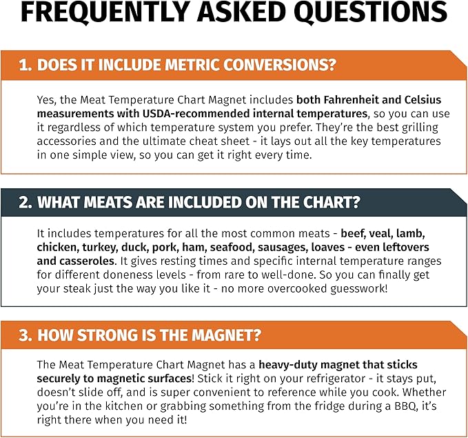 Meat Temperature Chart Magnet - Grilling Accessories - Chicken, Turkey, Beef, Steak, Pork Cooking Temperature Chart BBQ Grill Guide Meat Doneness Chart - Internal Meat Temps - Grilling Gifts for Men