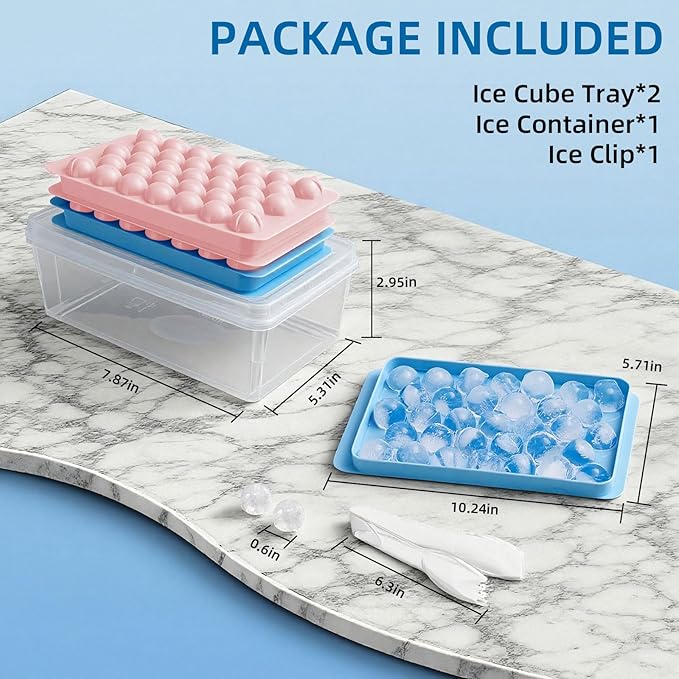 2 Pack Ice Cube Trays Set -with Lids, Storage Container & Ice Tongs,66-Count Stackable Freezer Ice Cube Molds,BPA-Free Mini Ice Maker for Whiskey, Cocktails, Soda & More (1xBlue+1xPink)