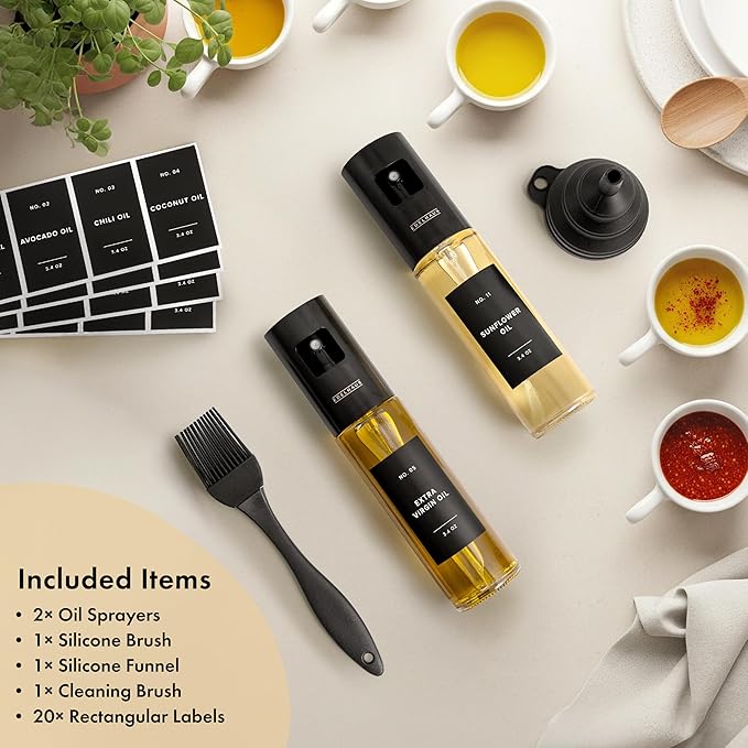 EDELHAUS Oil Sprayer Set of 2 – Oil Spray Bottle Made of Stainless Steel & Glass, for Healthy Cooking, Sprayer for Precise Dosage, for Cooking Oil & Vinegar Including 20 Labels, Funnel