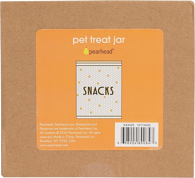 Pearhead Ceramic Dog Treat Jar with Wooden Lid – Bistro Tile Dog Biscuit Container for Countertop, Airtight Stoneware Pet Treat Storage Canister for Puppy Treats & Training Rewards