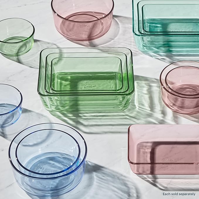 Pyrex Colors (3-Pack, Large) Tinted Glass Rectangle Food Storage Container Set, Snug Fit Non-Toxic Plastic BPA-Free Lids, Freezer Dishwasher Microwave Safe, 3 Cup, 6 Cup & 11 Cup