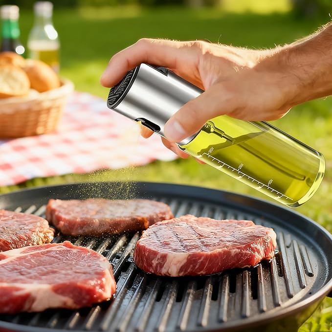 Oil Sprayer for Cooking - Olive & Avocado Oil Spray Bottle, 100ml Food Grade Glass Mister with Adjustable Nozzle for Kitchen Gadgets, Air Fryer, Salad, Frying, BBQ (1PCS)