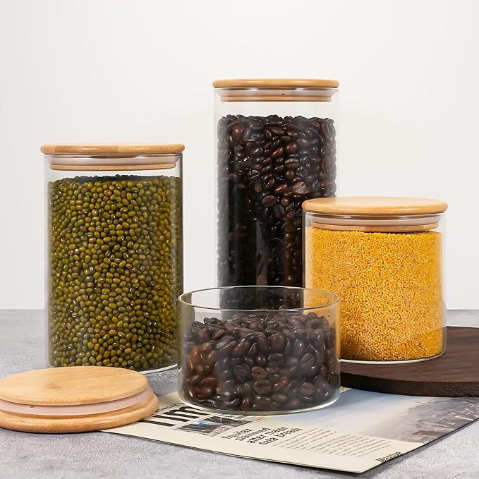 2PCS Glass Storage Jars with Airtight Lids,44 fl oz (1300ml) Cute Clear Storage container with bamboo Lid,Glass Pantry Canister for Beans, Rice,Sugar,Cookie Coffee (N-Clear-2PCS-44FL OZ/1300ML)