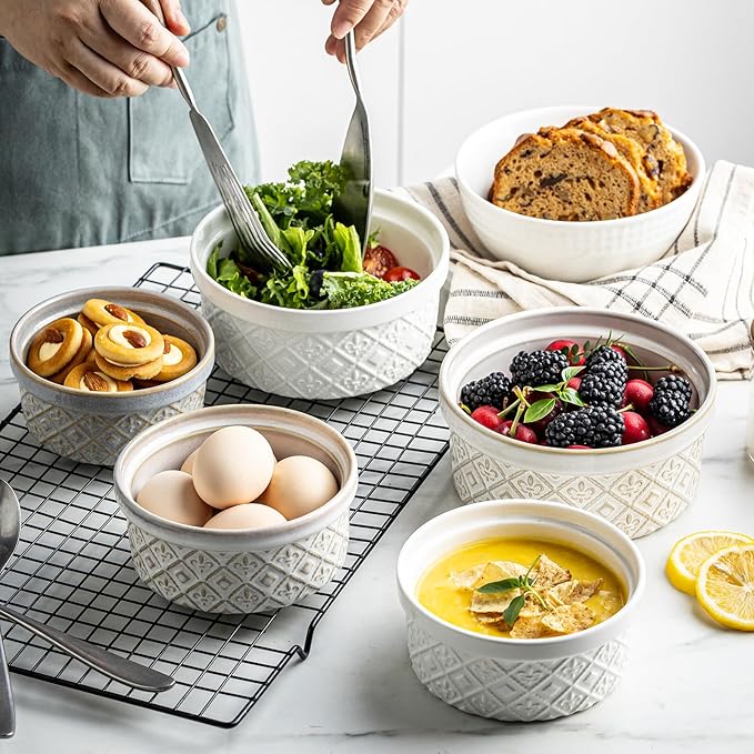 Airtight Food Storage Containers with Lids Mixing Bowls Set, Ceramic Serving Bowls with Lids Set of 4, 12/16/28/40 oz Stackable Nesting Salad Bowls for Cooking, Baking, Ramen - Beige