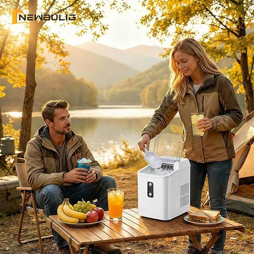 NEWBULIG Nugget Ice Makers Countertop, Portable Nugget Ice Machine, Ready in 6 Mins, 24lbs in 24Hrs, Auto-Cleaning, with Basket and Scoop, for Home, Kitchen, RV, Camping, White