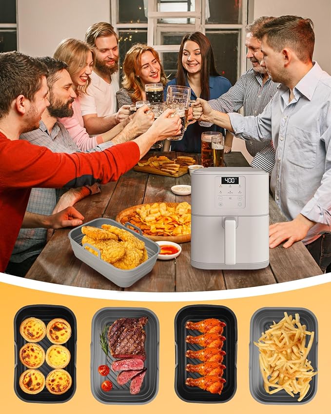 Air Fryer Silicone Liners Collapsible 2-Pack for bella 6Qt(5lb) Slim Air Fryer, Reusable Airfryer Silicone Pot Baking Basket Insert Accessories, Non Stick, Easy Cleaning, Gray+Black