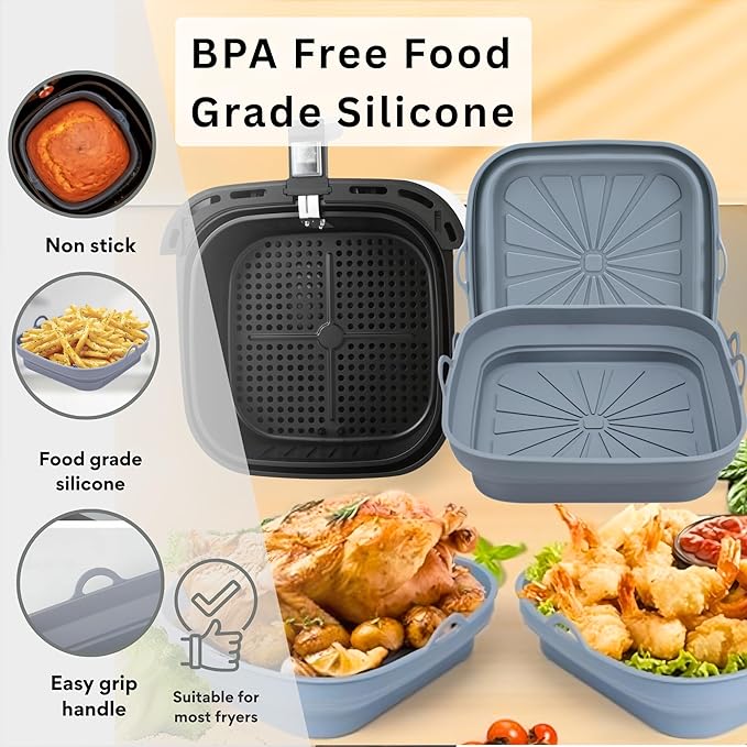 SAMIA 4 Piece Reusable Air Fryer Liners Set | 8 Inch Silicone Air Fryer Liners with Collapsible Design, Basting Brush, and Food Tong โ Non-Stick, Dishwasher Safe, Air Fryer Accessories for Cooking