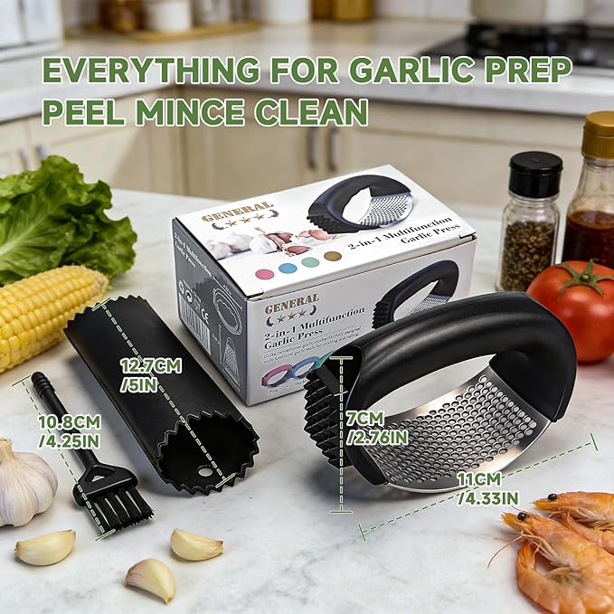 Garlic Press Rocker 304 Stainless Steel Garlic Mincer Crusher Easy to Clean Dishwasher Safe Textured End for Light Tenderizing, with Silicone Peeler and Cleaning Brush (Blue)