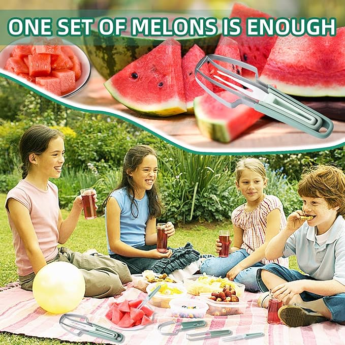 Watermelon Cutter Slicer Tool, 6-in-1 Melon Fork Slicer Cutter, Melon Baller Scoop Set, Stainless Steel Fruit Cutter, Seed Remover Cutter, Fruit Fork for Camping Kitchen Gadgets (3-in-1-green)