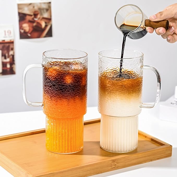 32oz Glass Cups with Handle and Bamboo Lids and Straws, 2 Pack Borosilicate Glass Tumblers for Iced Coffee, Smoothies, Fruit Drinks. Reuseable Glasses Cups for Cold/Hot Water