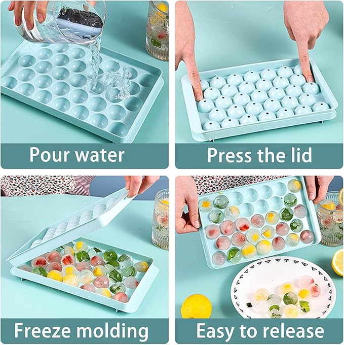 Ice Cube Tray with Lid, 33 Sphere Ice Cube Mold for Freezer, Stackable Round Ice Ball Maker Circle Ice Trays for Cocktails, Whiskey, Coffee, Drinks (Blue)