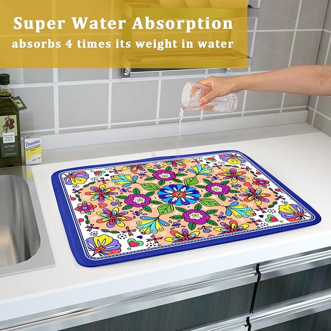 Mexican Talavera Dish Drying Mat Navy Blue Large Microfiber Dish Drain Pad for Kitchen Decor 18 x 24 In