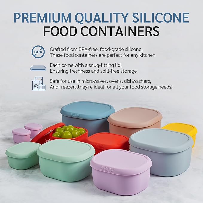 ISSEVE 6Pcs/Set Nesting Silicone Food Storage Containers with Lids, BPA Free Reusable Meal Prep Silicone Containers Lunch Box Bento Box Set (33.8oz, 20oz, 10oz, 6.7oz, 1.3oz) (Beige)