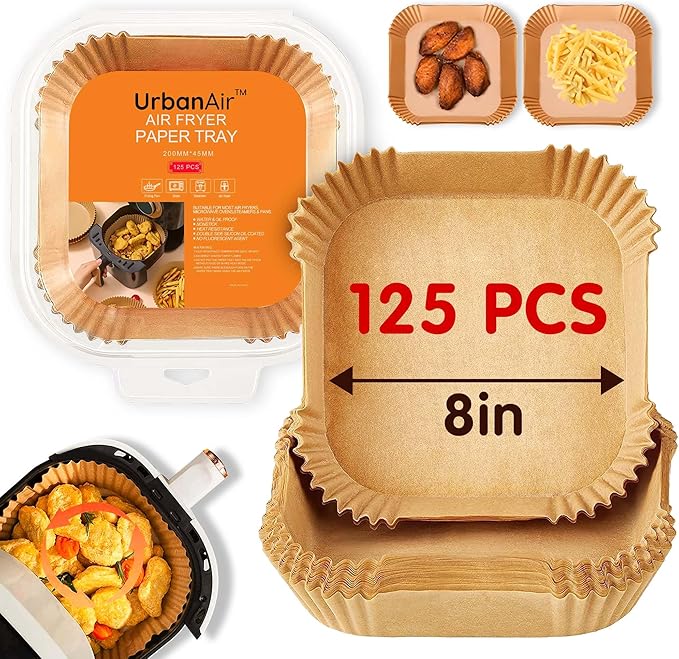 UrbanAir 8-Inch Square 125pcs Air Fryer Paper Liners for Easy Cleanup - Non-Stick, Heat-Resistant, and Perfect Fit for Hassle-Free Cooking | Bleach-Free Parchment| (8 In/20cm)