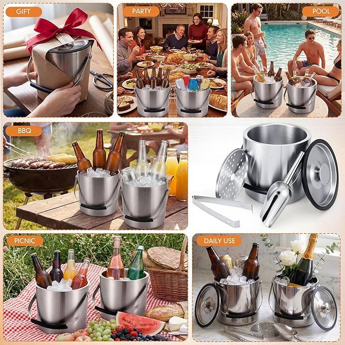 2 Pcs 3l/3.17qt Insulated Ice Bucket with Silicone Lid, Scoop, Tongs Strainer Stainless Steel Double Wall Insulated Ice Buckets for Parties Cocktail Bar, Outdoor Champagne Container Bin