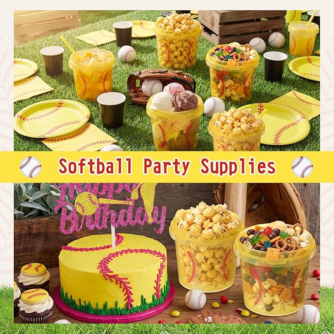 12 Set 25 oz Softball Plastic Drink Buckets with Straws Handles Lids Reusable Cocktail Rum Buckets 750ML Smoothie Milk Tea Cups Food Containers Pails Sport Party Supplies
