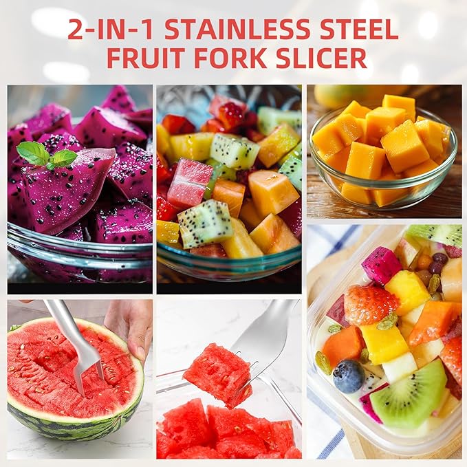 2-in-1 Stainless Steel Watermelon Fork Slicer Cutter - 1 PC Single Pack, 2024 Upgrade, Dual Head Fruit Fork Slicer for Effortless Summer Fruit Cutting at Home, Parties, and Camping