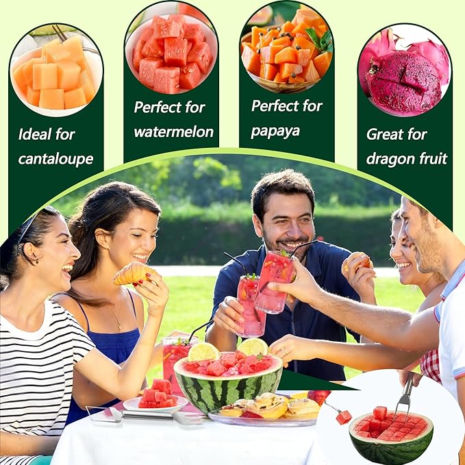 Watermelon Cutter, 2-in-1 Stainless Steel Fruit Cutter, Dual Head Watermelon Fork Slicer Tool, Summer Fruit Cutting Kitchen Gadget for Home (Round-1PCS)
