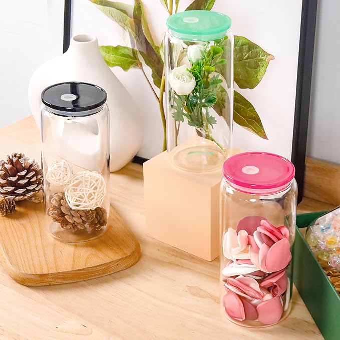 Joyclub 20 oz Glass Cups with Acrylic Lids and Straws 8pcs Can Shaped Glass Iced Coffee Cups with Lids, Drinking Jar Glasses Cute Tumbler Cup Great for Smoothie Soda Boba Tea Cocktail Beer Gift