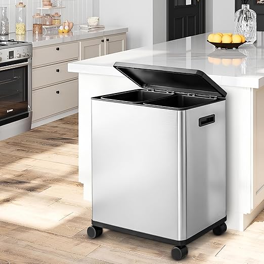 HOLDN’ STORAGE 60L Dual Kitchen Trash & Recycling Bin, Motion Sensor Opening, Soft-Close Lid, Removable Inner Buckets, Stainless Steel, 2 Trash Bag Rolls Included