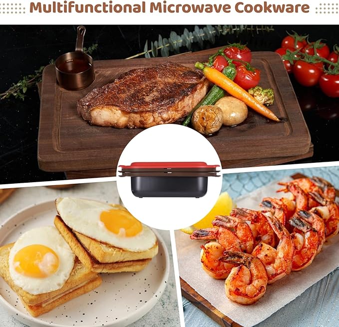 3-in-1 Microwave Egg Cooker and Microwave Grill Pan Set with Lid, Non-Stick Double Cavity Omelet Cooker, Multi-Use Cookware for Quick Steak, Meat, Pizza, Veggies