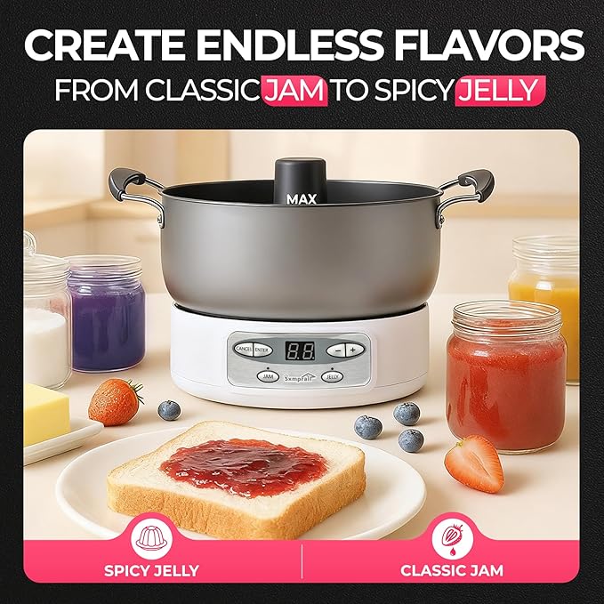 Automatic Jam and Jelly Maker 1000W, 2L Per Batch (≈4 x 16OZ), Electric Pot Stirrer Machine for Homemade Fruit Jam, Jelly & Sauce, Non-Stick Self Stirring Pot, BPA-Free, Replace ball fresh Jam Maker