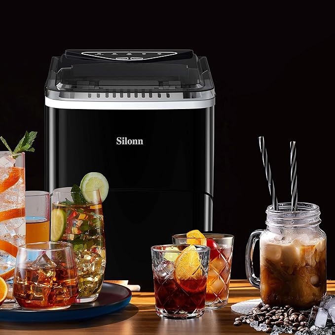 Silonn Countertop Ice Maker Machine - Auto-Cleaning Portable Ice Maker, 26lbs in 24Hrs, 2 Sizes of Bullet Ice for Home Kitchen Office Bar Party, Black