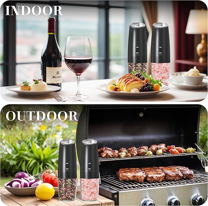 UNNEES Rechargeable Electric Salt and Pepper Grinder Set, Gravity Activated, Adjustable Coarseness, LED Light, USB Charging, Ceramic Core, 150ml Transparent Hopper, Black