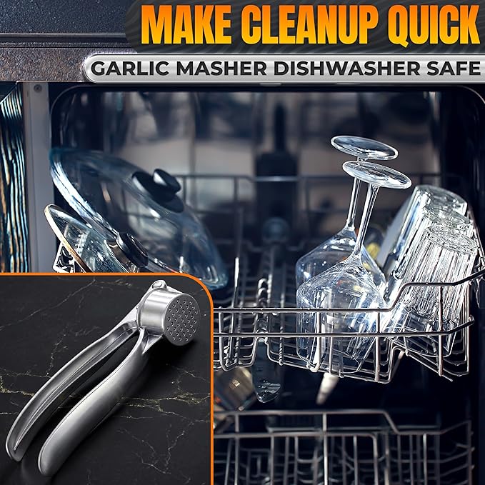 Metal Garlic Press - Ginger Mincer with 37 Built-In Studs for Maximum Extraction, Garlic Crusher for Ginger and Soft Nuts, Rust-Resistant, Ergonomic Handle, No Peel Needed, Dishwasher Safe, Silver