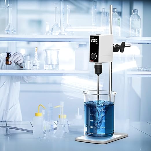 4E's USA Lab Overhead Stirrer - 50 Liter, 100000 mPas, 50~2000 RPM Variable Speed with Stand and Stirring Rod, LED Lab Stirrer Mixer with Safety Sensors and Go-Through Design for Easy Rod Adjustment